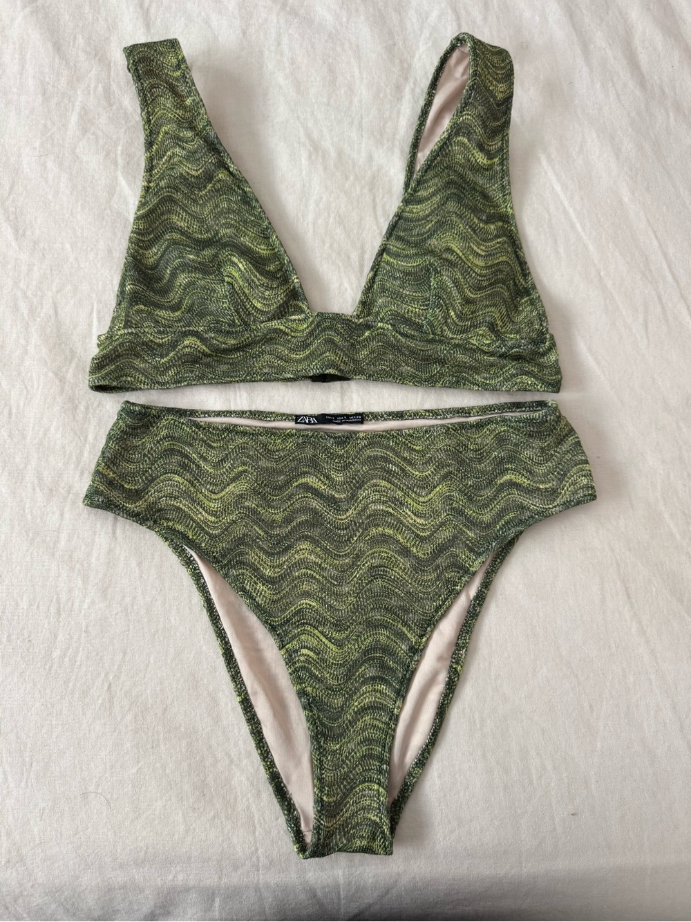 ZARA Olive/Green Wave-Print V-Neck Bikini Set